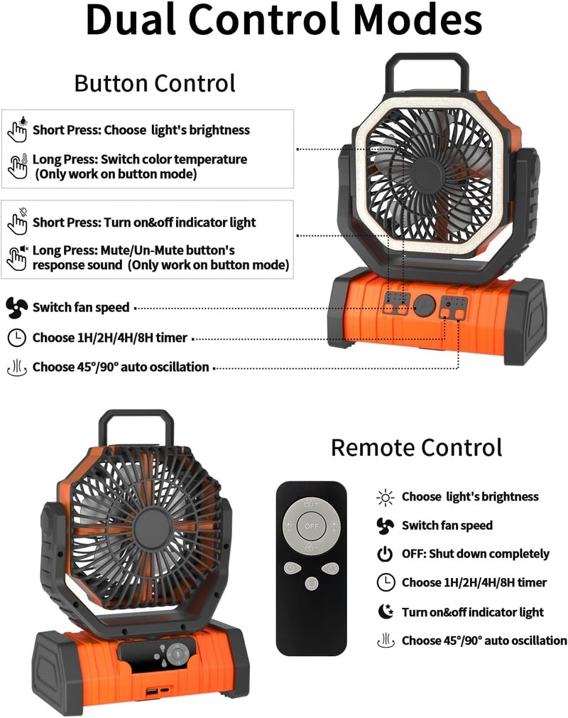 Adust Camping Fan - 20000mAh Battery Powered Fan Battery Operated Rechargeable Portable Outdoor Tent Fans with Hanging Hook, Cordless, 4 Speeds, Remote Control - Orange - Image 5